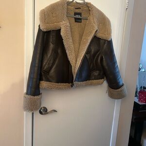 Zara Plush Teddy Jacket in Dark Brown and Cream